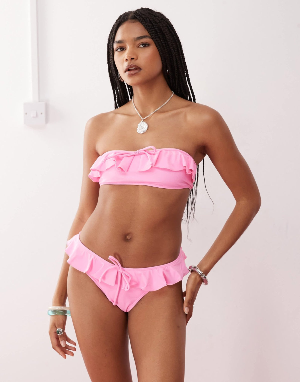 Reclaimed Vintage bandeau bikini top with ruffles and tie front in pink - ASOS Sample Sale