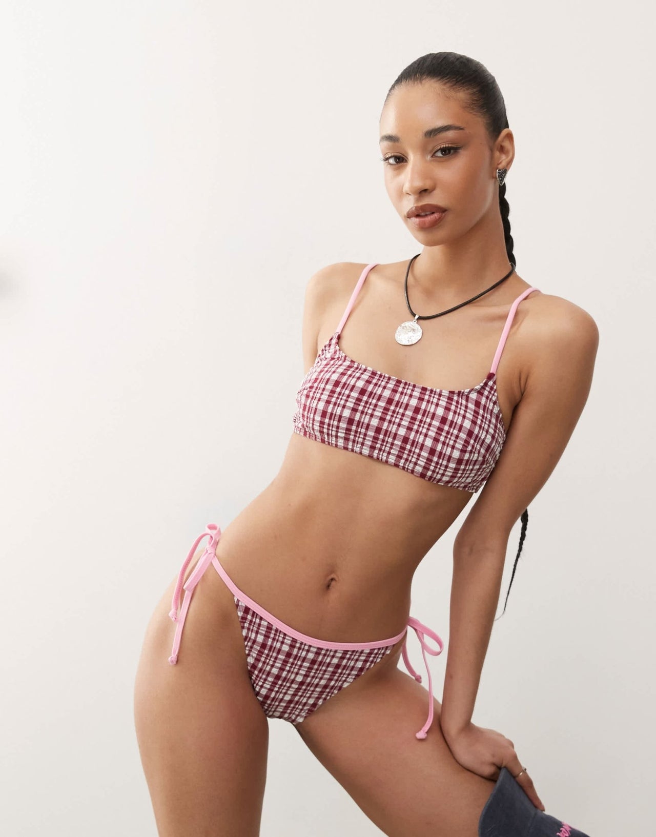 Reclaimed Vintage bralette bikini top in pink seersucker gingham - ASOS Sample Sale