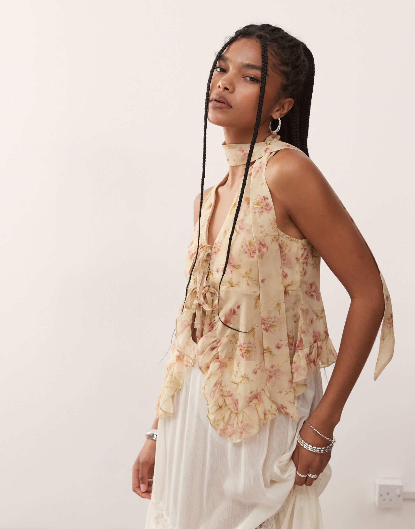 Reclaimed Vintage chiffon floral print ruffle tie front blouse with matching scarf in butter yellow - ASOS Sample Sale