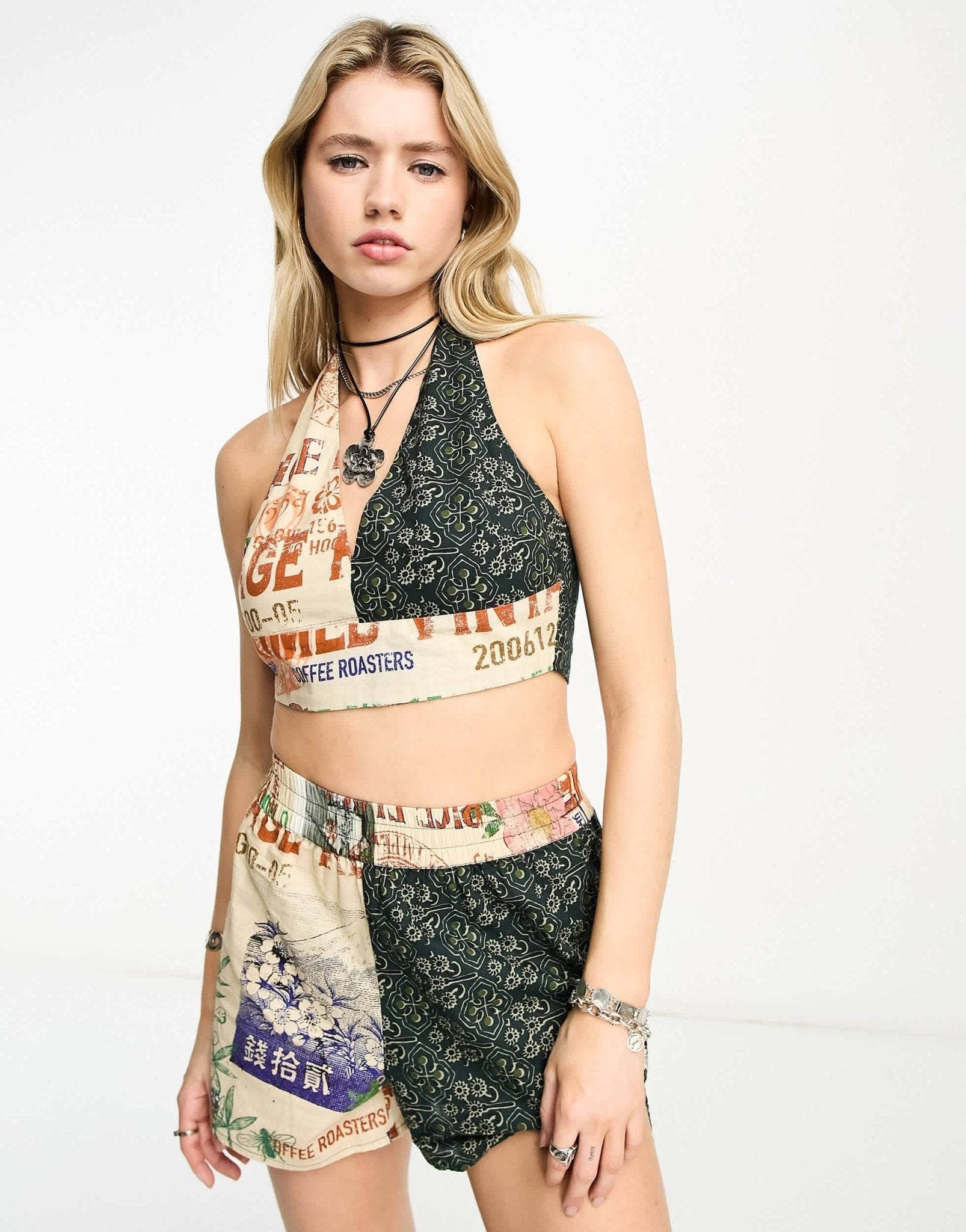 Reclaimed Vintage co - ord halterneck top in postcard print - ASOS Sample Sale