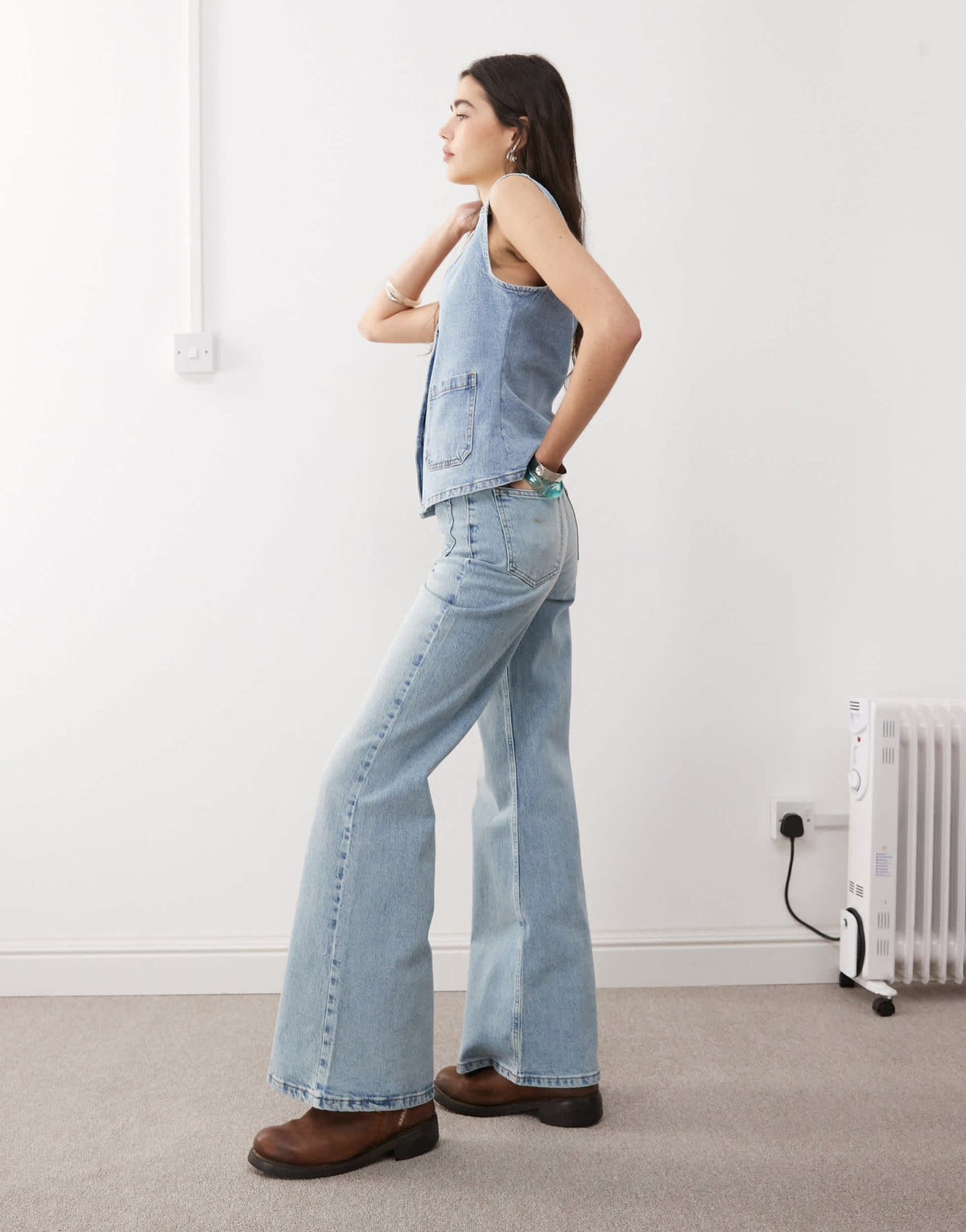 Reclaimed Vintage denim 70s palazzo jean with patch pockets and button fly detail in blue wash - ASOS Sample Sale