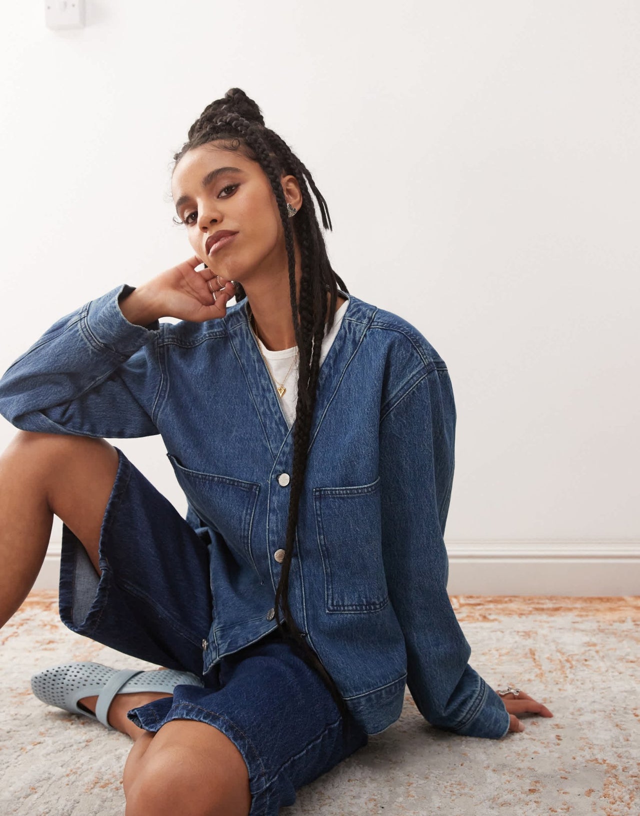 Reclaimed Vintage denim baseball shirt in mid wash blue - ASOS Sample Sale