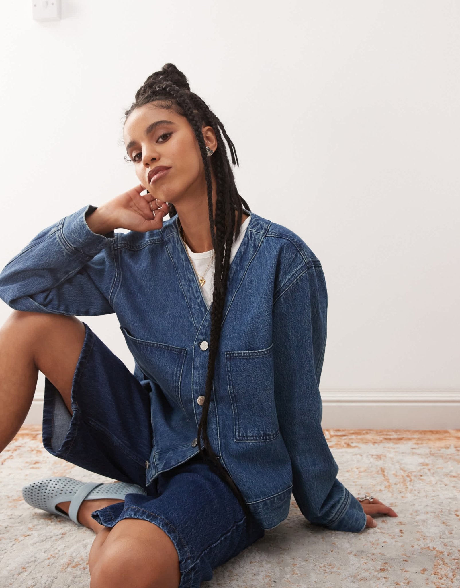 Reclaimed Vintage denim baseball shirt in mid wash blue - ASOS Sample Sale