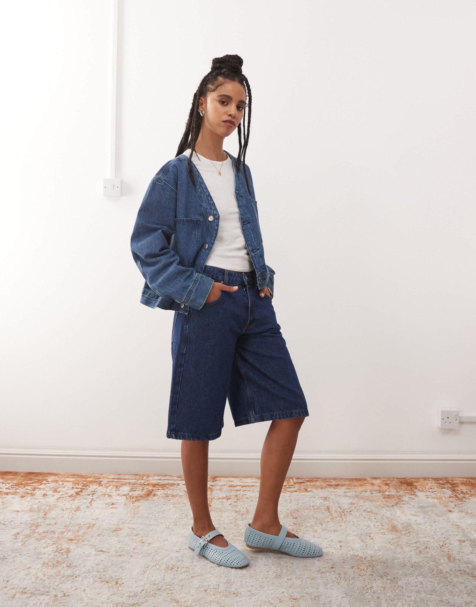Reclaimed Vintage denim baseball shirt in mid wash blue - ASOS Sample Sale