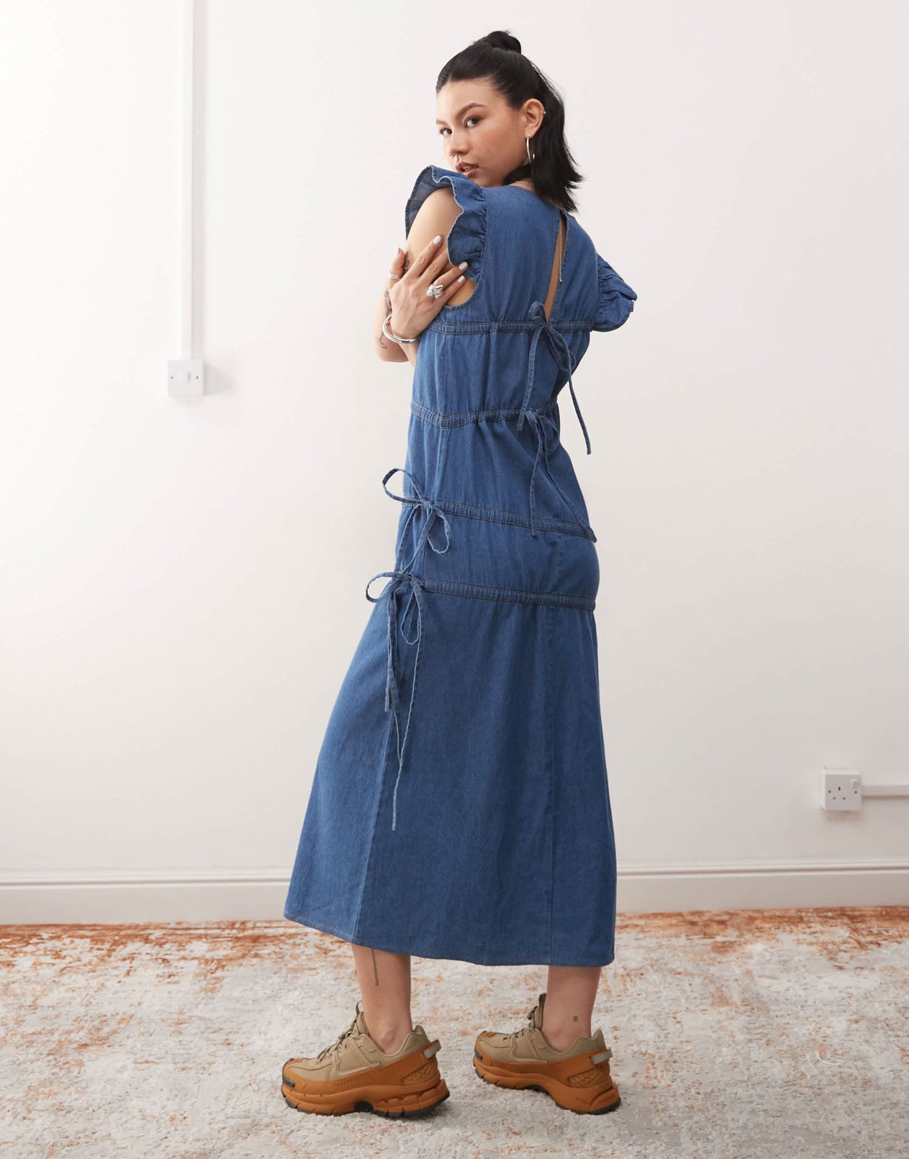 Reclaimed Vintage denim maxi dress with asymmetric ruching - ASOS Sample Sale