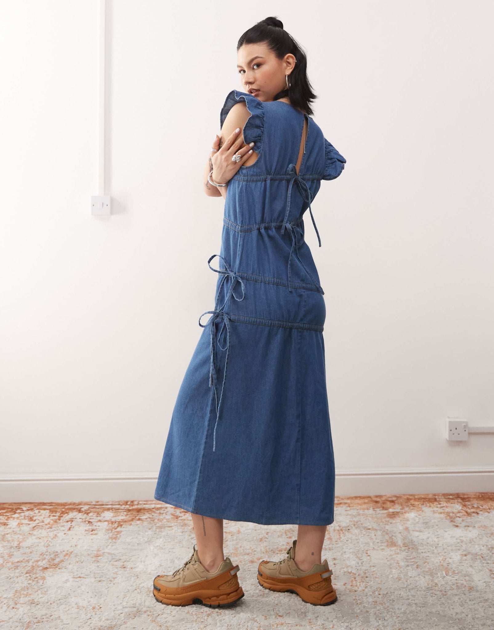 Reclaimed Vintage denim maxi dress with asymmetric ruching - ASOS Sample Sale