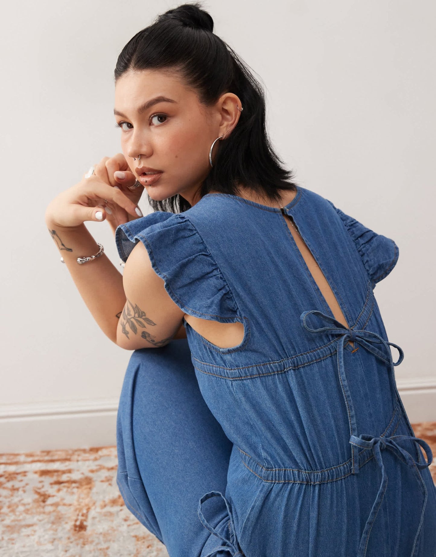 Reclaimed Vintage denim maxi dress with asymmetric ruching - ASOS Sample Sale