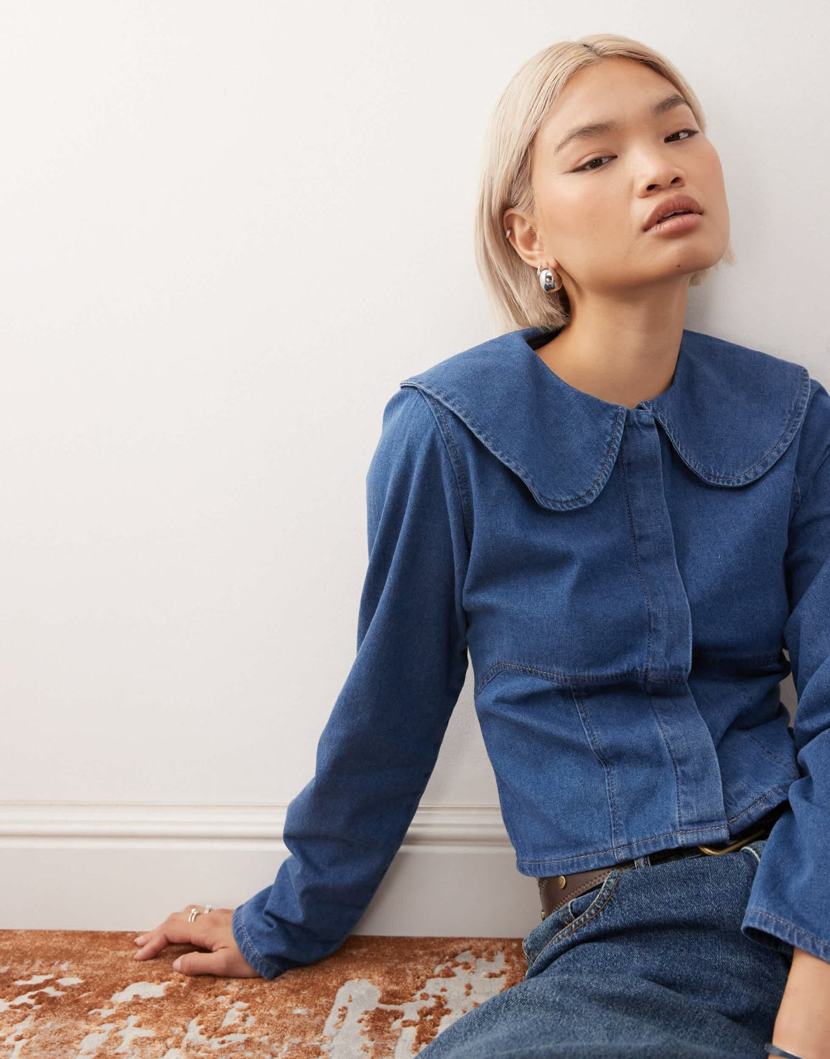 Reclaimed Vintage denim peter pan collar long sleeve top in mid blue wash - ASOS Sample Sale