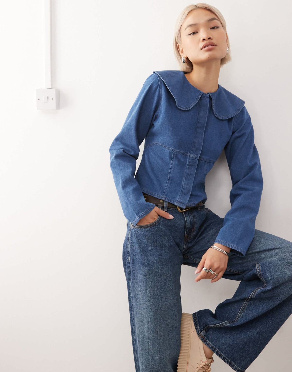 Reclaimed Vintage denim peter pan collar long sleeve top in mid blue wash - ASOS Sample Sale