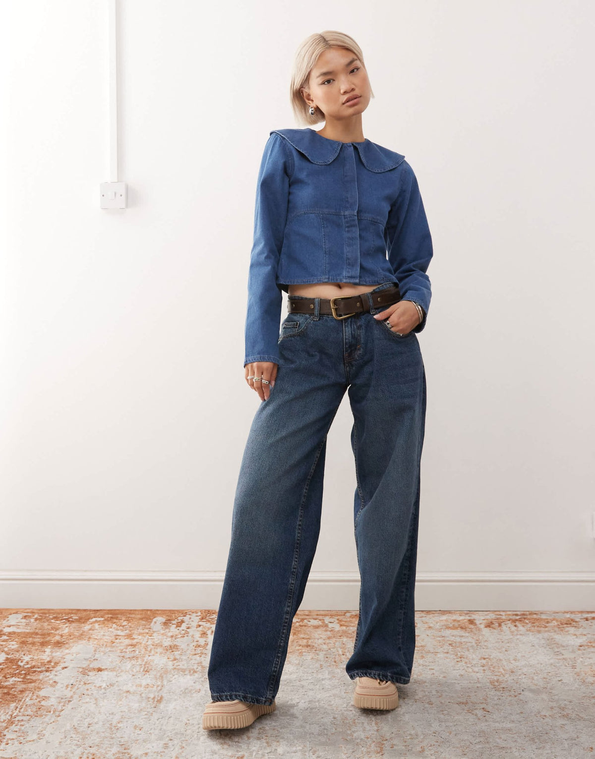 Reclaimed Vintage denim peter pan collar long sleeve top in mid blue wash - ASOS Sample Sale