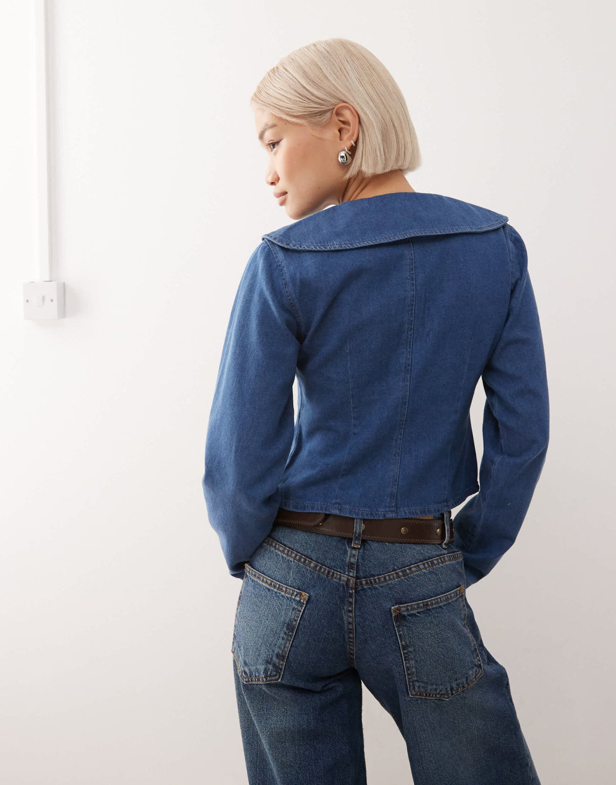 Reclaimed Vintage denim peter pan collar long sleeve top in mid blue wash - ASOS Sample Sale