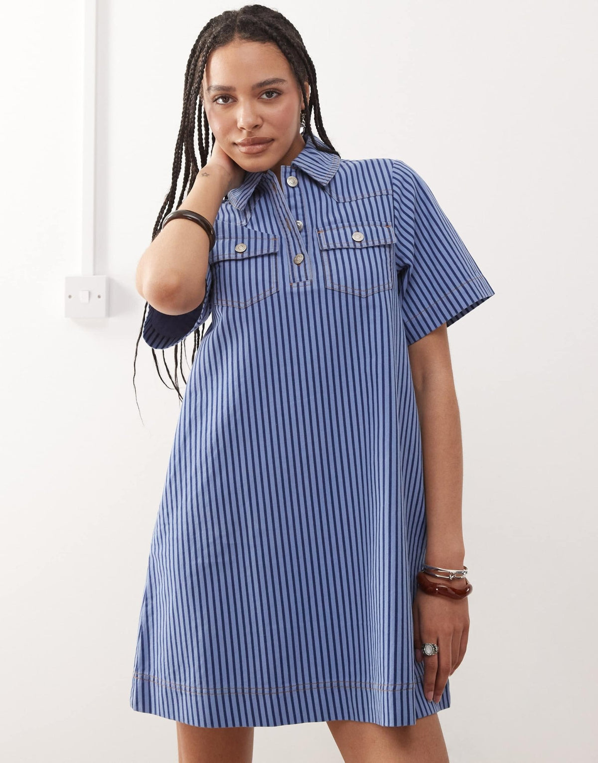 Reclaimed Vintage denim shirt mini dress in blue tonal pinstripe - ASOS Sample Sale