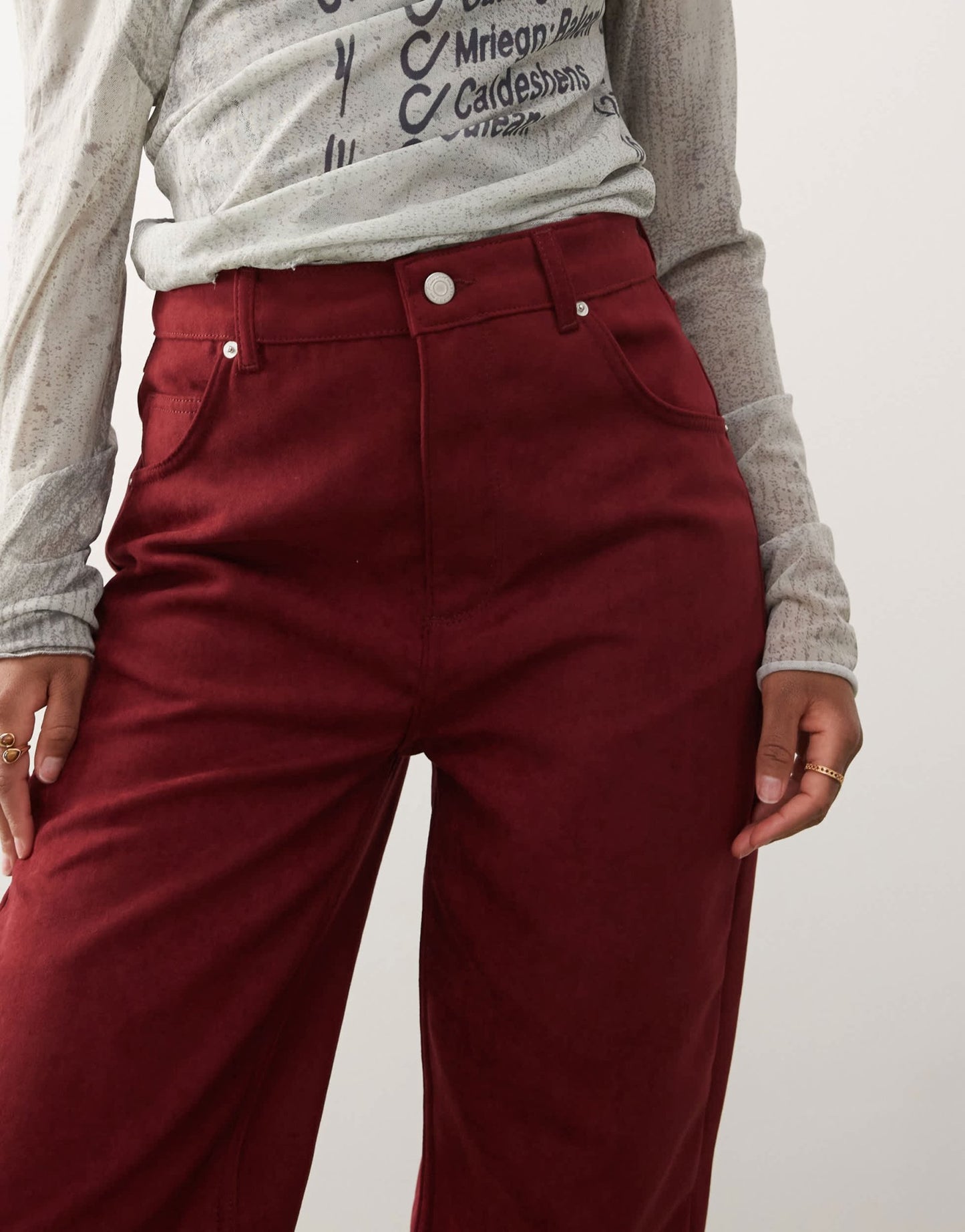 Reclaimed Vintage faux suede straight leg trousers in burgundy - ASOS Sample Sale