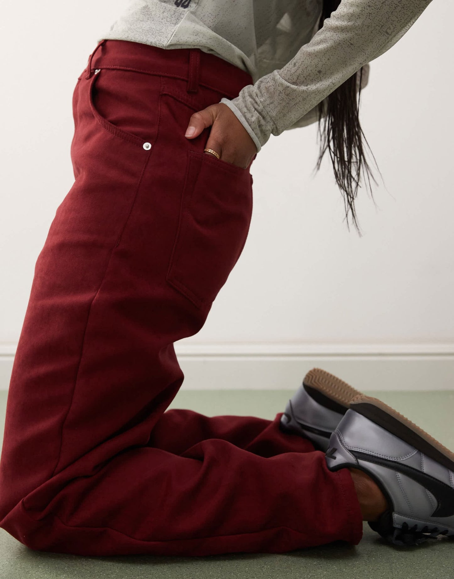 Reclaimed Vintage faux suede straight leg trousers in burgundy - ASOS Sample Sale
