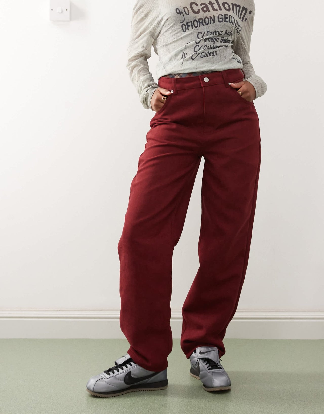 Reclaimed Vintage faux suede straight leg trousers in burgundy - ASOS Sample Sale