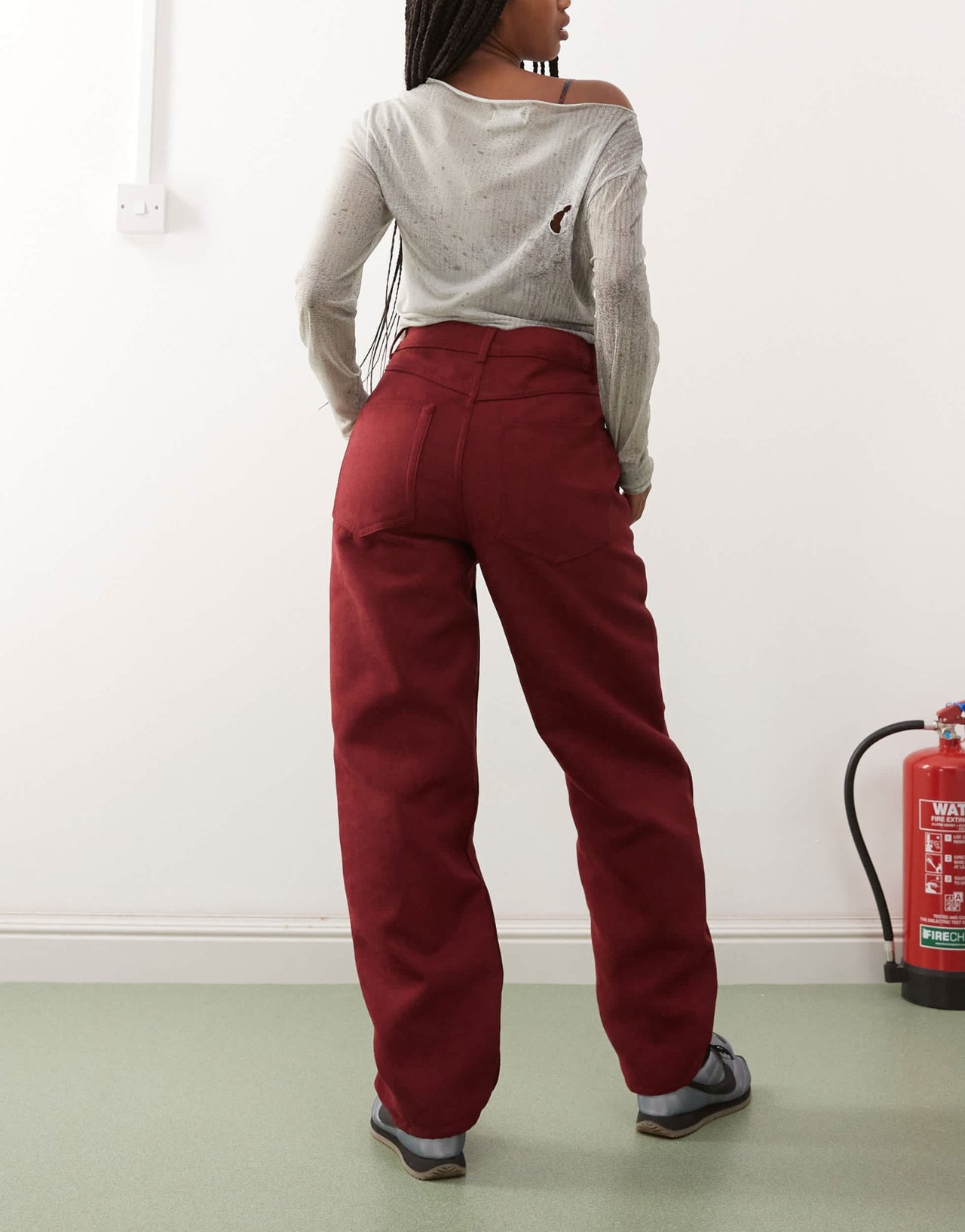 Reclaimed Vintage faux suede straight leg trousers in burgundy - ASOS Sample Sale