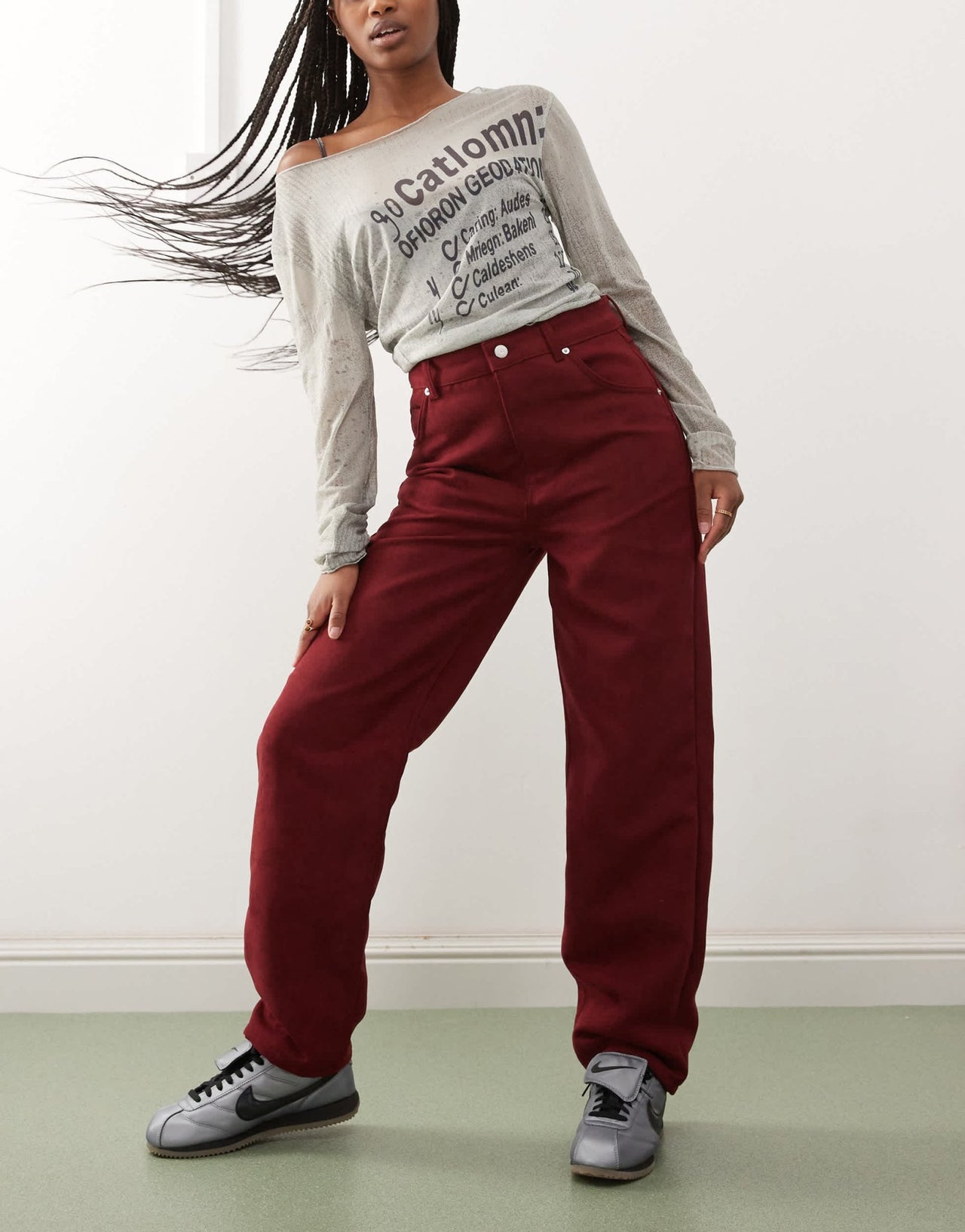 Reclaimed Vintage faux suede straight leg trousers in burgundy - ASOS Sample Sale