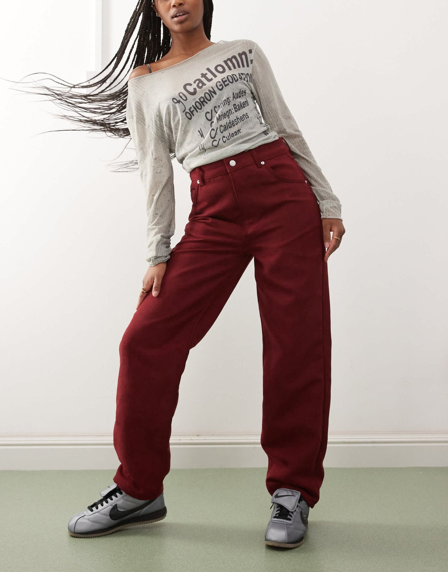 Reclaimed Vintage faux suede straight leg trousers in burgundy - ASOS Sample Sale