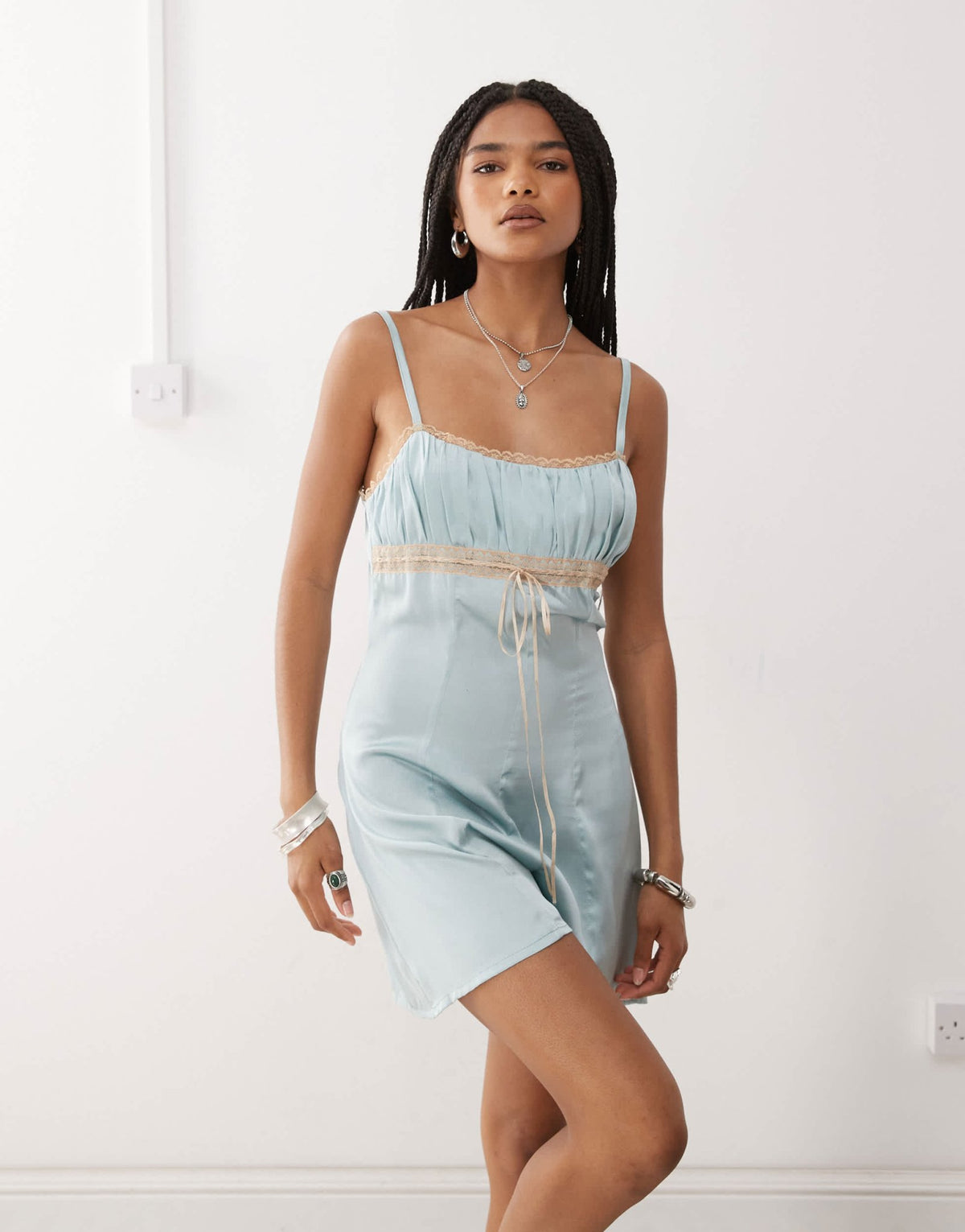 Reclaimed Vintage festival satin playsuit in mint green with lace trims - ASOS Sample Sale