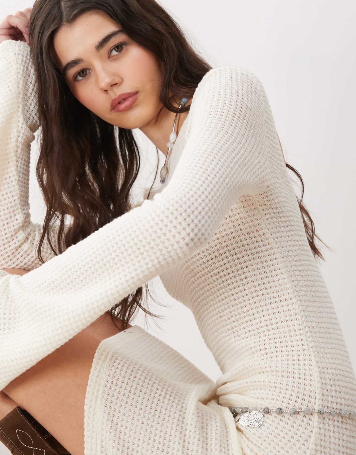 Reclaimed Vintage flared sleeve crochet beach mini dress in cream - ASOS Sample Sale