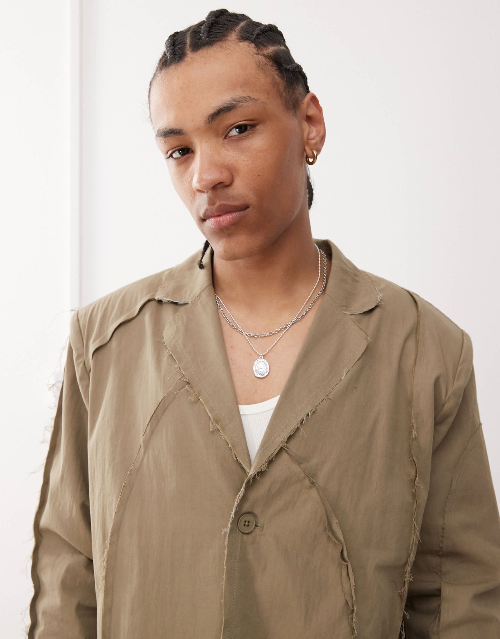 Reclaimed Vintage frayed suit blazer in beige - ASOS Sample Sale