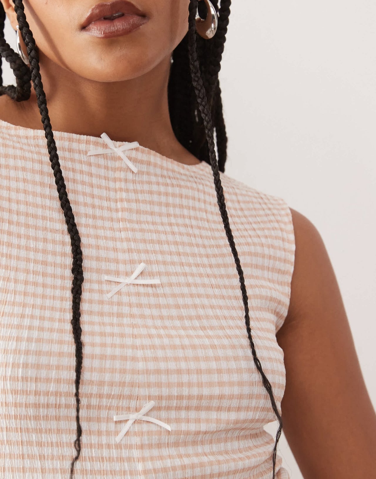 Reclaimed Vintage gingham bow detail split front top co-ord in peach - ASOS Sample Sale