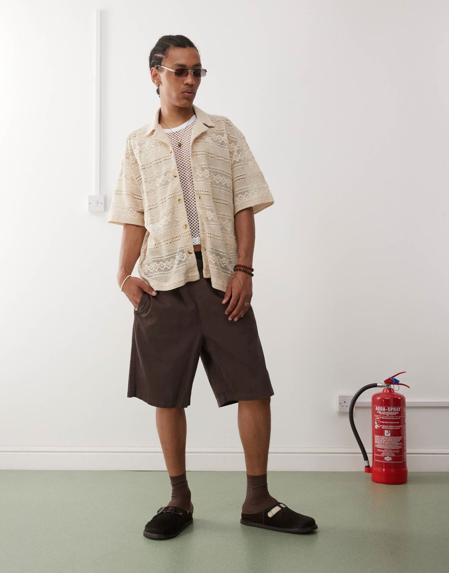 Reclaimed Vintage Limited Edition short sleeve boxy crochet shirt in beige - ASOS Sample Sale