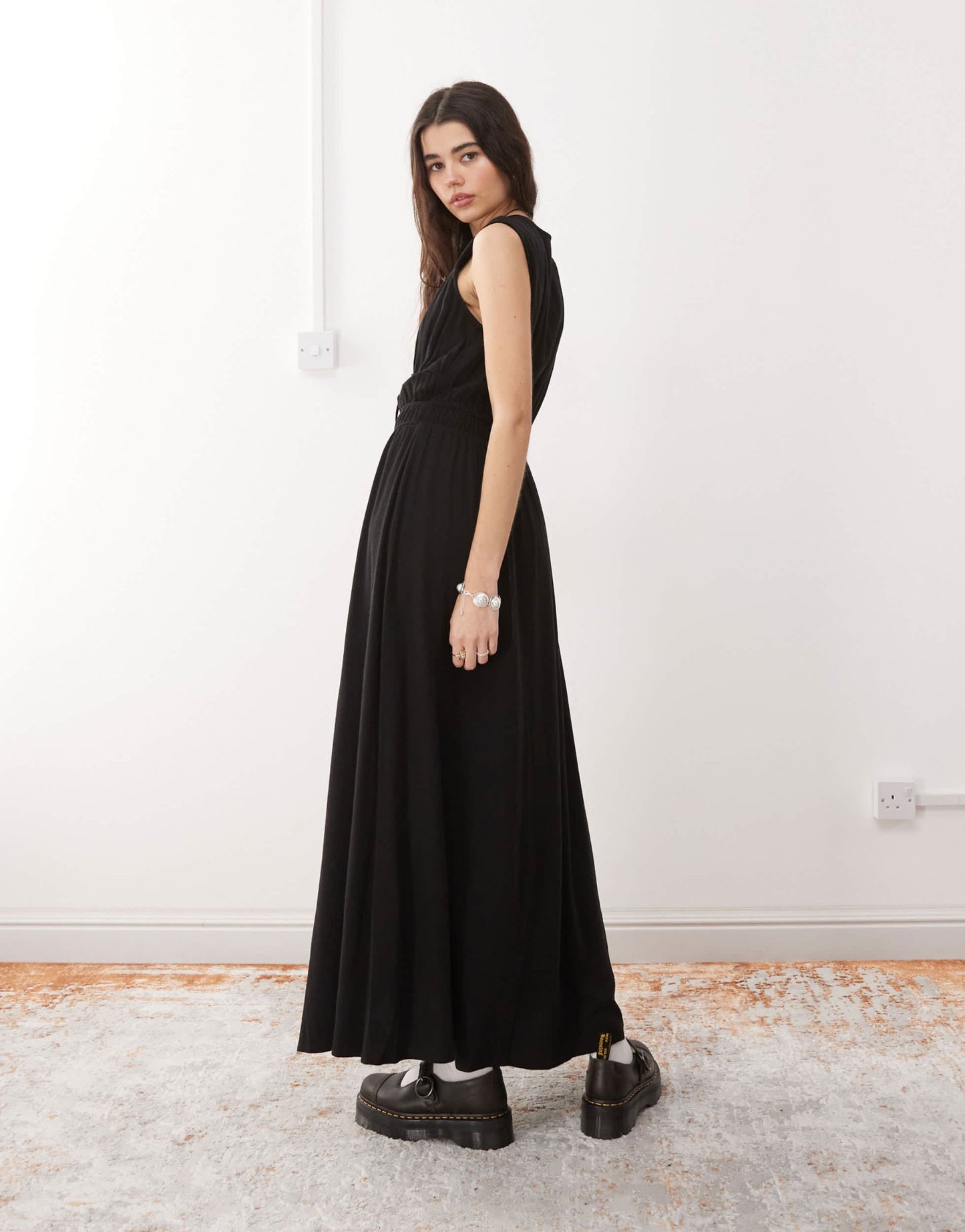 Reclaimed Vintage linen blend maxi sundress with ruching and ties in black - ASOS Sample Sale