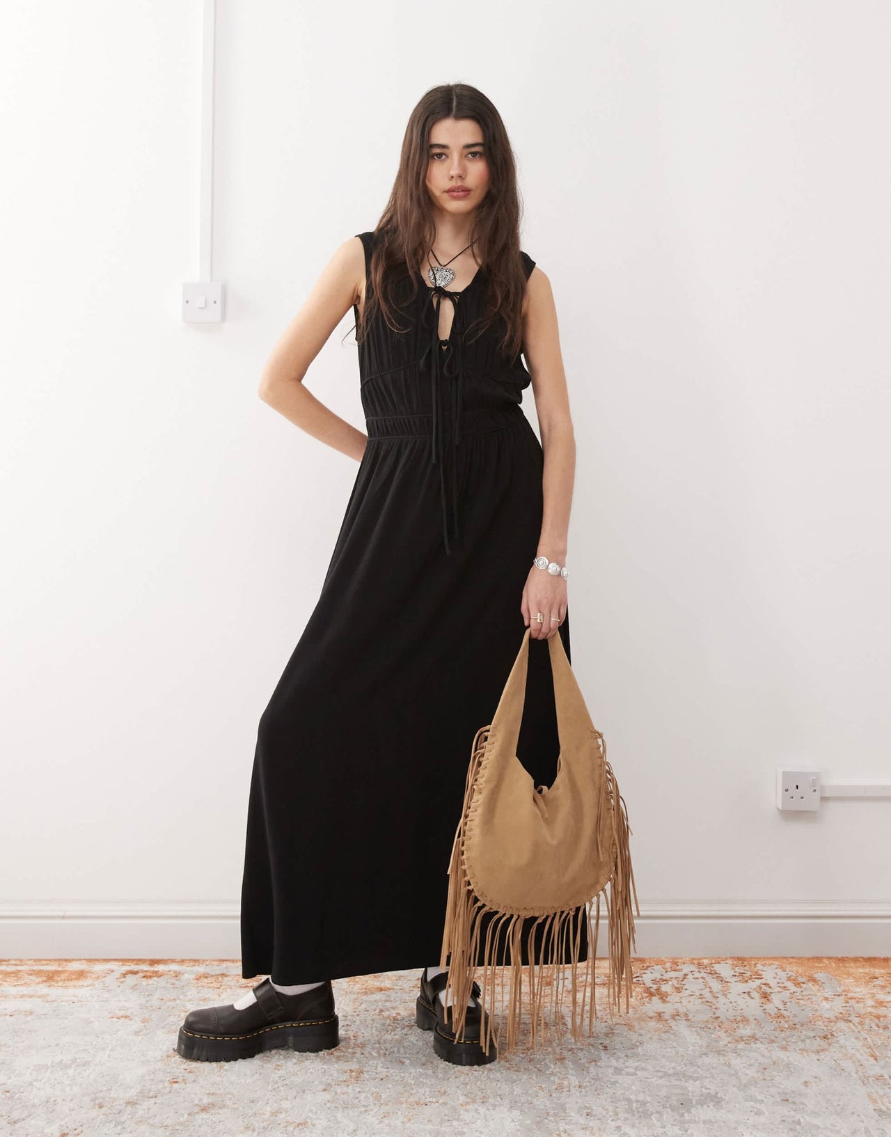 Reclaimed Vintage linen blend maxi sundress with ruching and ties in black - ASOS Sample Sale