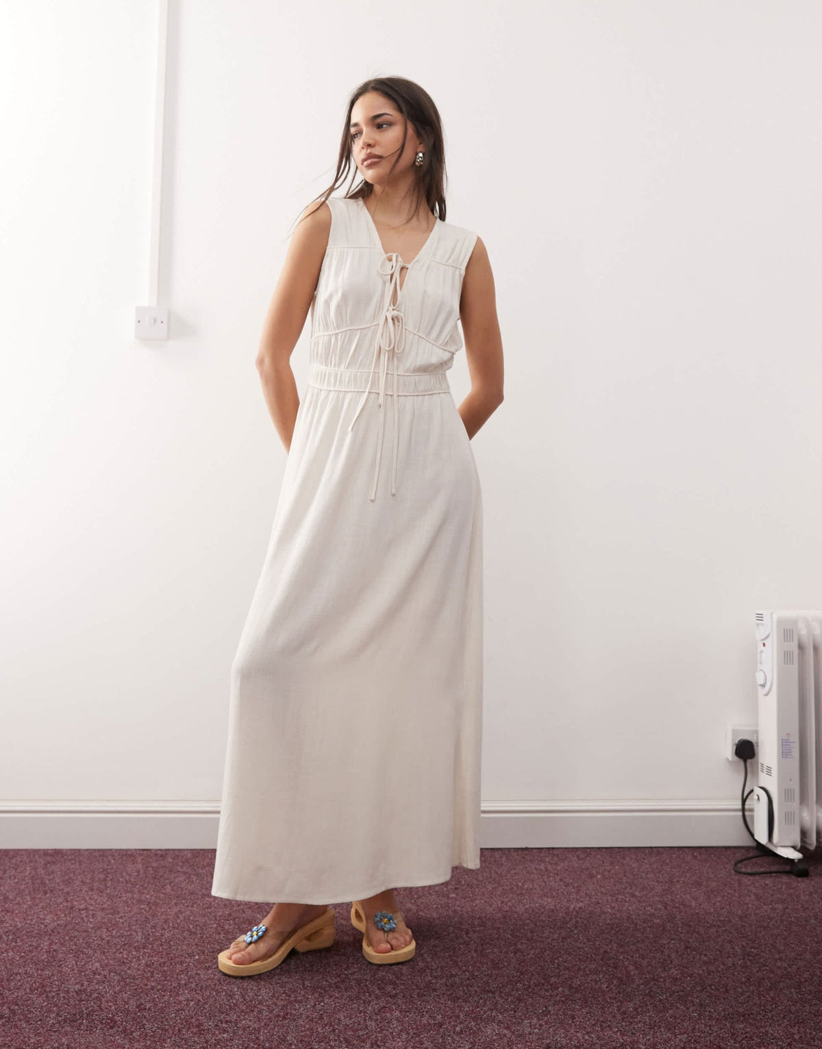 Reclaimed Vintage maxi linen blend sun dress with ruching and ties in ecru - ASOS Sample Sale