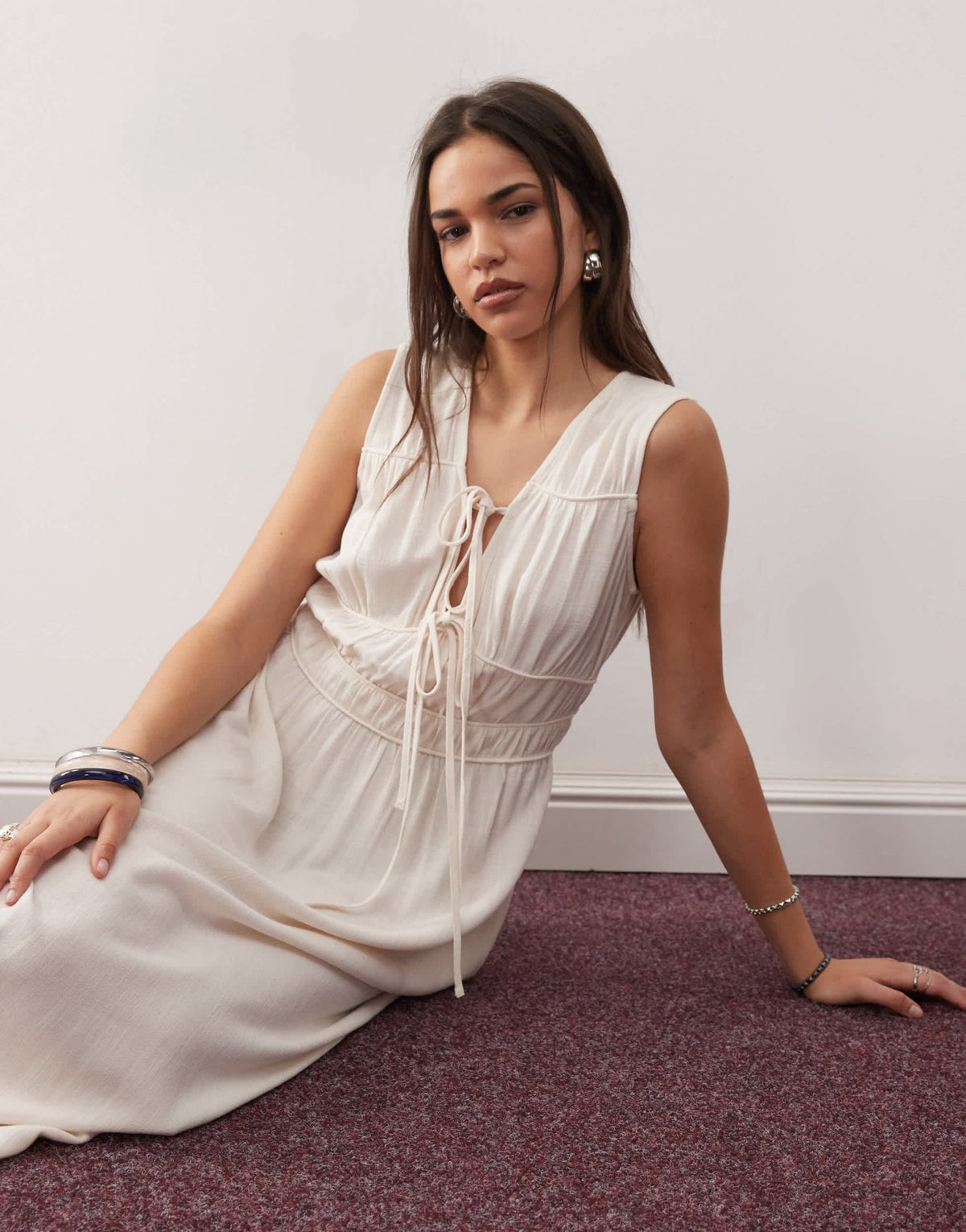 Reclaimed Vintage maxi linen blend sun dress with ruching and ties in ecru - ASOS Sample Sale