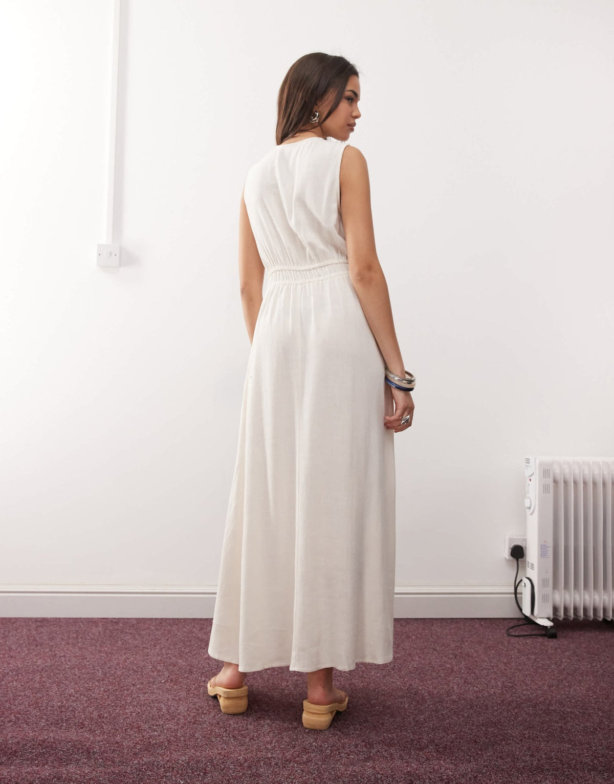 Reclaimed Vintage maxi linen blend sun dress with ruching and ties in ecru - ASOS Sample Sale