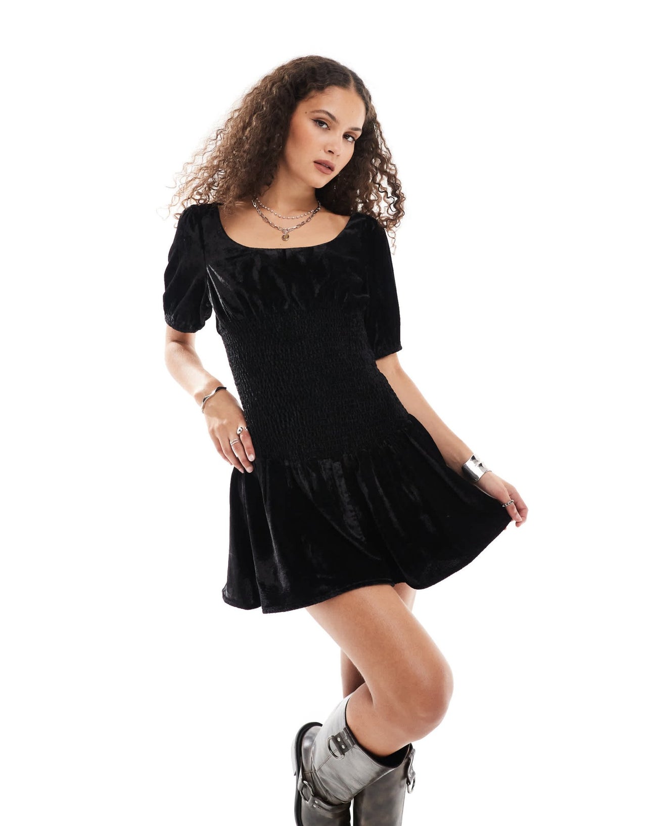 Reclaimed Vintage mini dress with drop waist in black velvet - ASOS Sample Sale