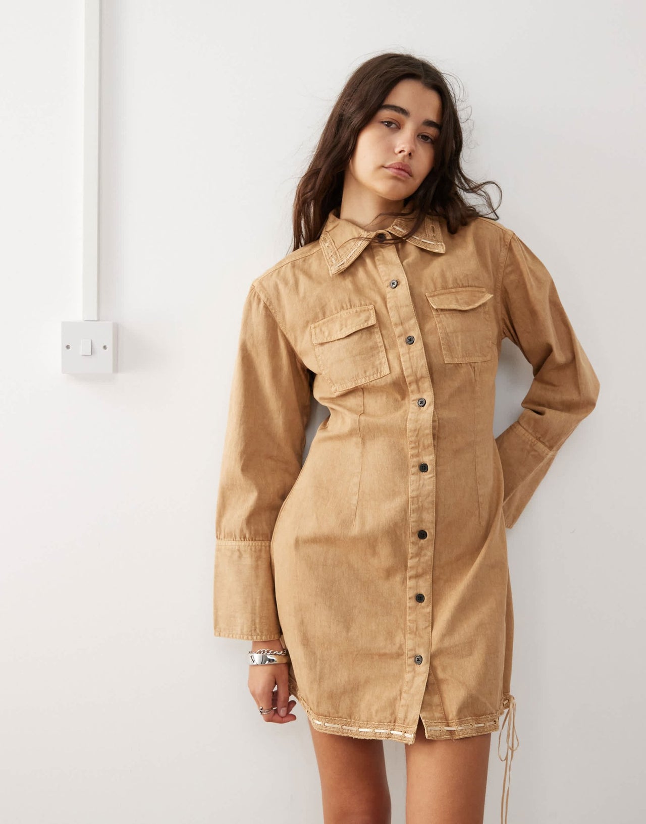 Reclaimed Vintage mini shirt dress with bow detail in brown - ASOS Sample Sale