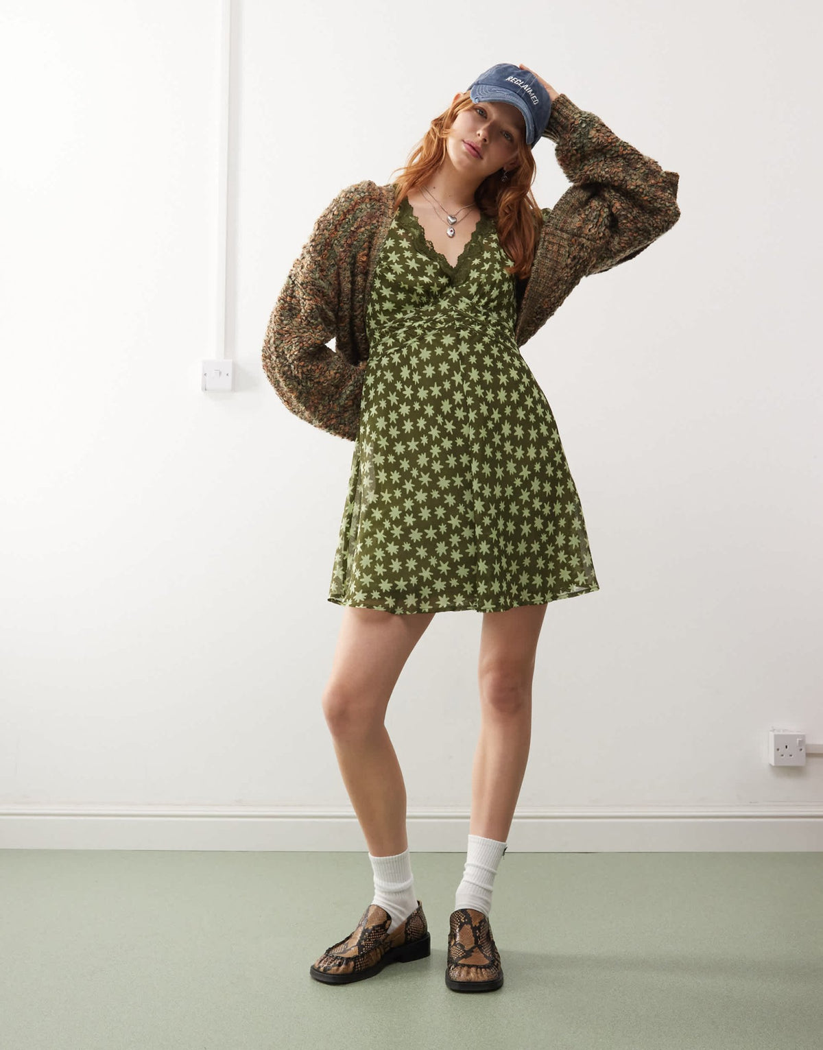 Reclaimed Vintage mini tea dress in green print - ASOS Sample Sale