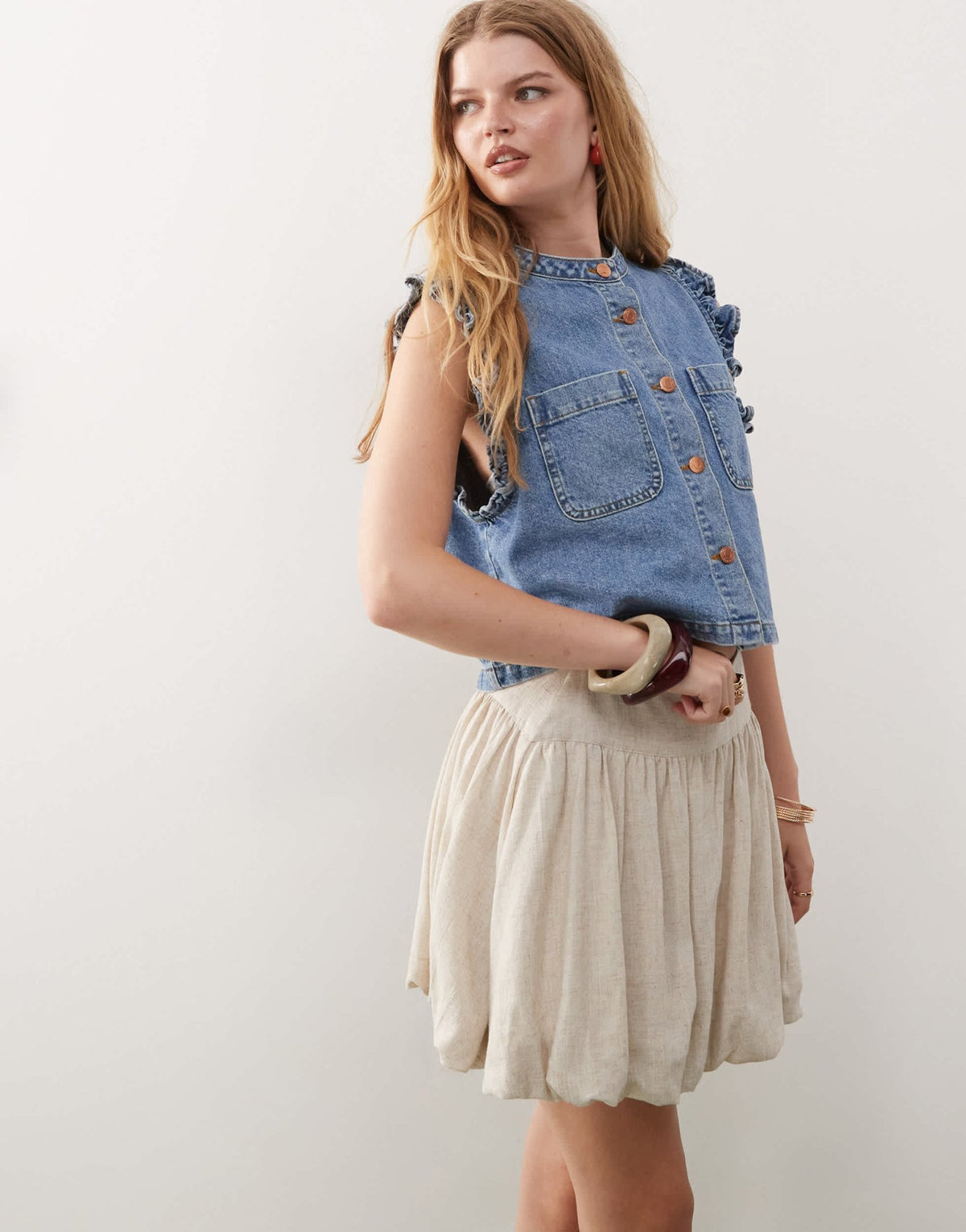 Reclaimed Vintage puffball mini skirt with dropped waist in linen look fabric - ASOS Sample Sale