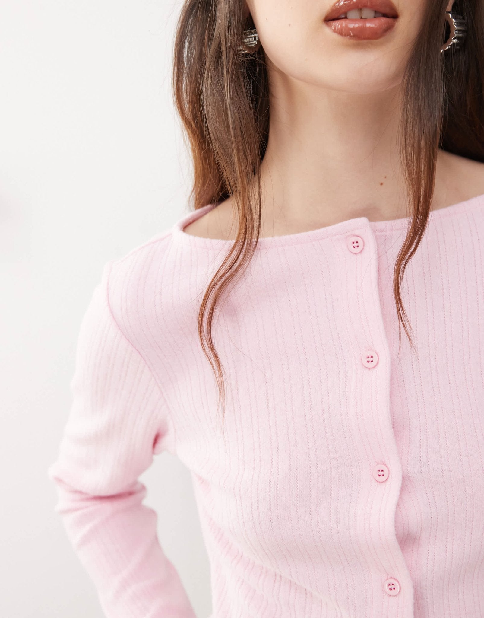 Reclaimed Vintage ribbed button through top in light pink - ASOS Sample Sale