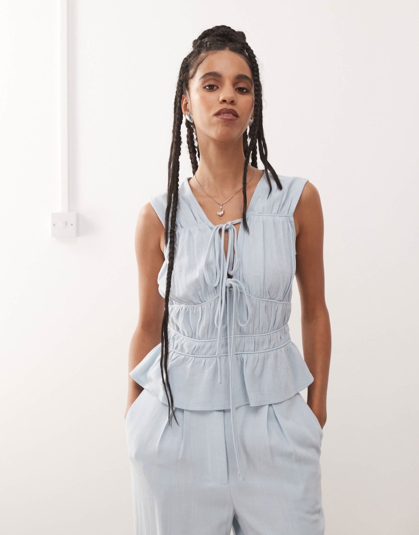 Reclaimed Vintage ruched tie front linen blend top in power blue - ASOS Sample Sale