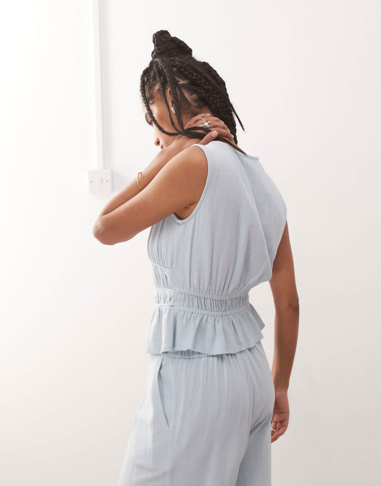 Reclaimed Vintage ruched tie front linen blend top in power blue - ASOS Sample Sale