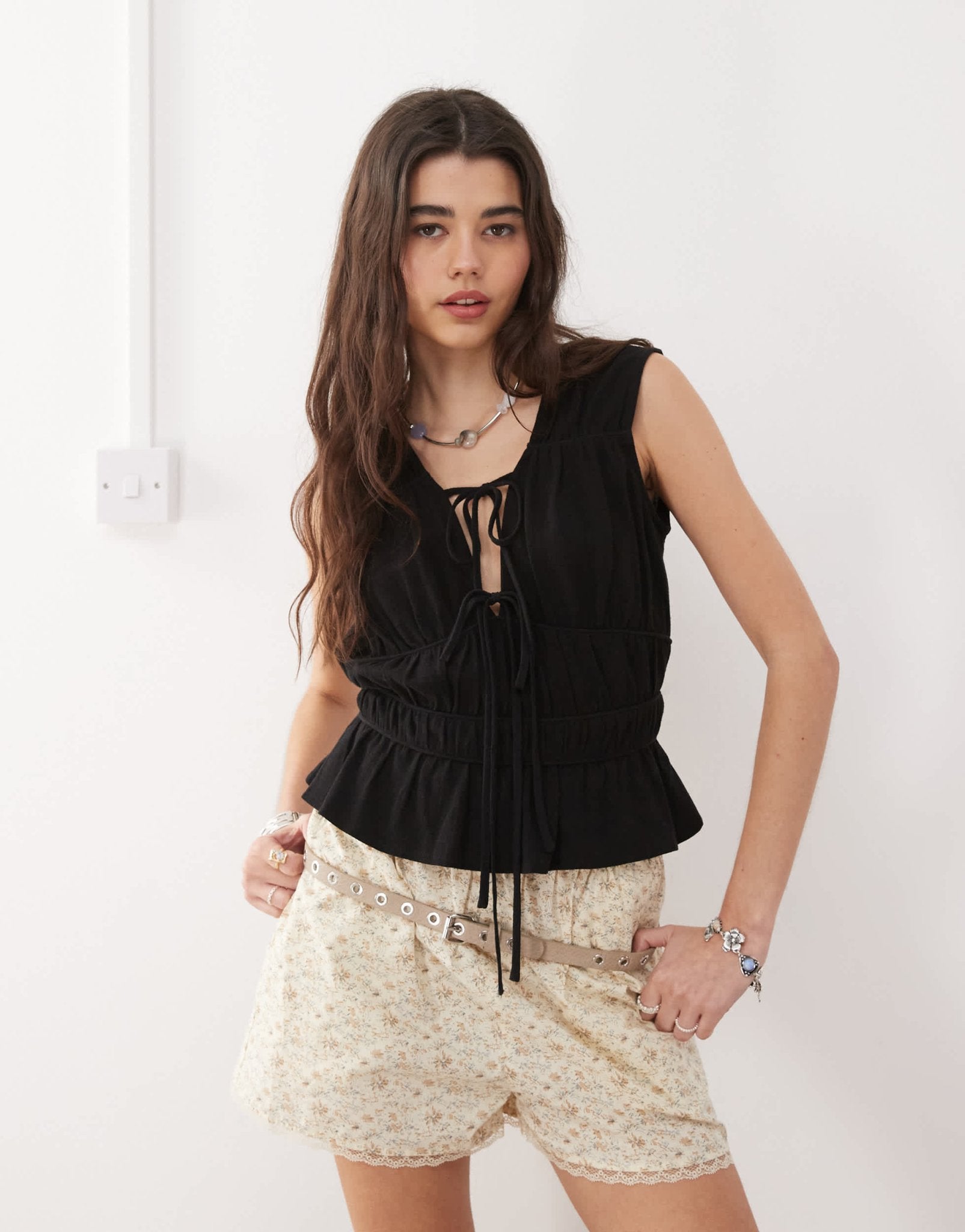 Reclaimed Vintage ruched tie front top linen blend top in black - ASOS Sample Sale