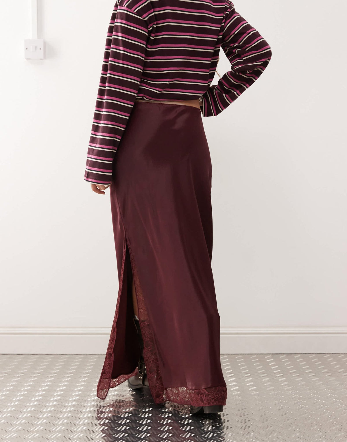 Reclaimed Vintage satin midi skirt with lace trim in burgundy red - ASOS Sample Sale