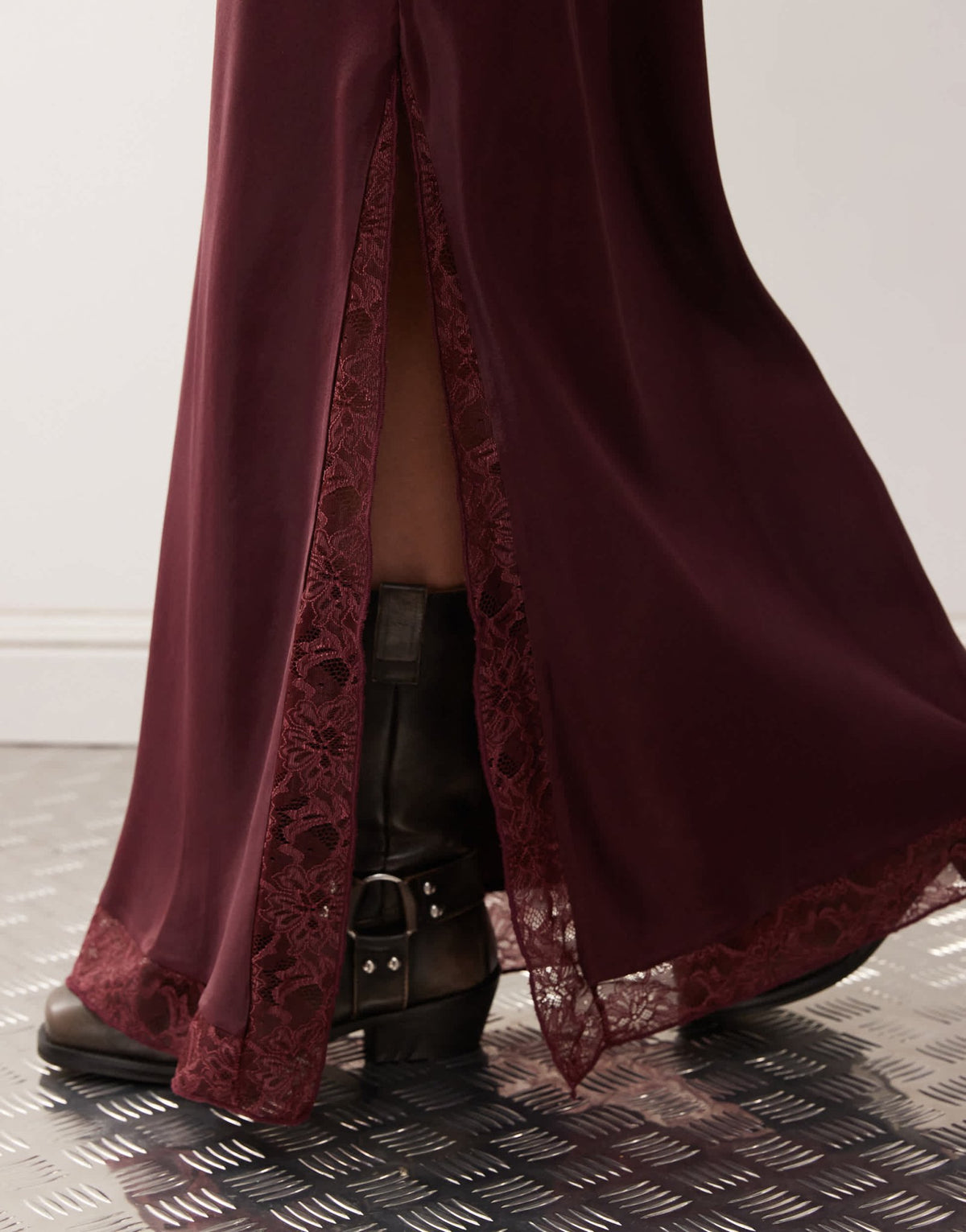 Reclaimed Vintage satin midi skirt with lace trim in burgundy red - ASOS Sample Sale