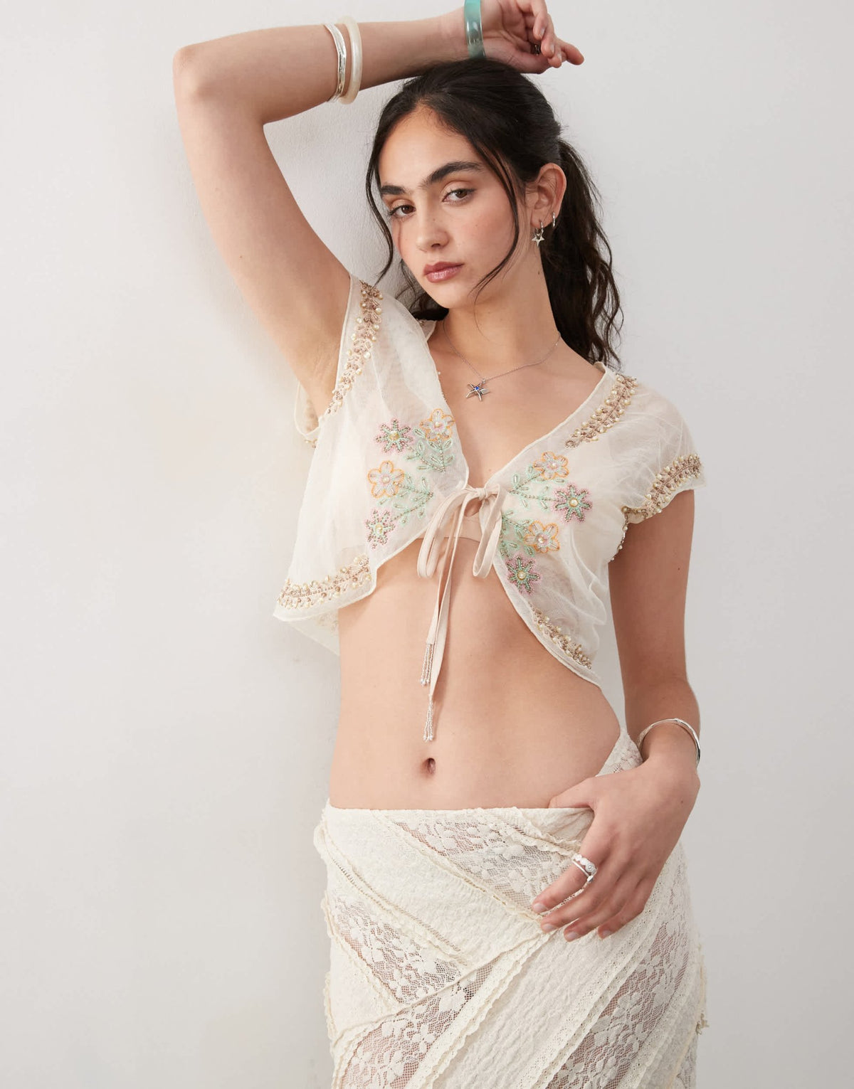 Reclaimed Vintage sheer tie front beach top with sequins and embroidery - ASOS Sample Sale