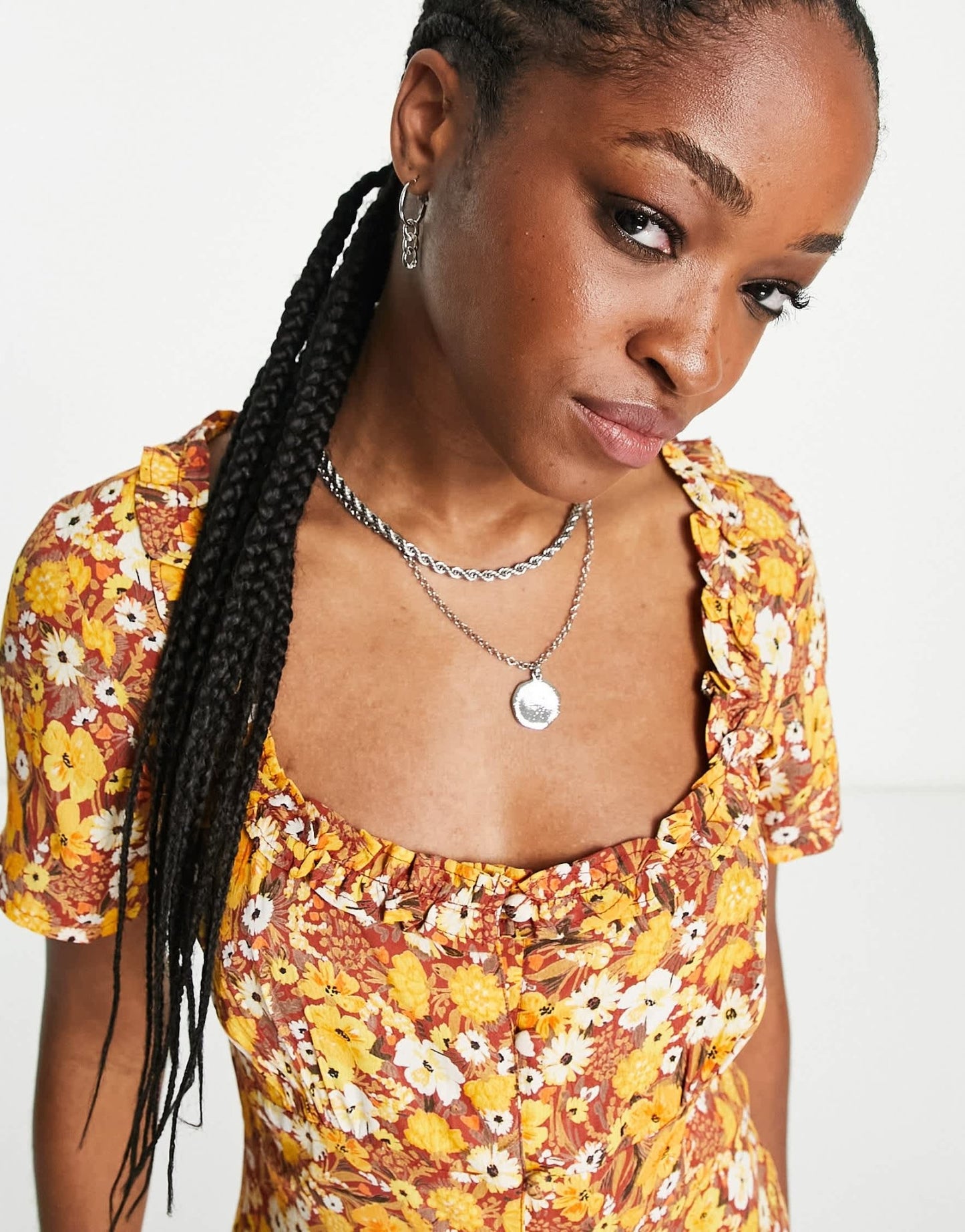 Reclaimed Vintage short sleeve playsuit with ruffle trim in vintage brown floral - ASOS Sample Sale