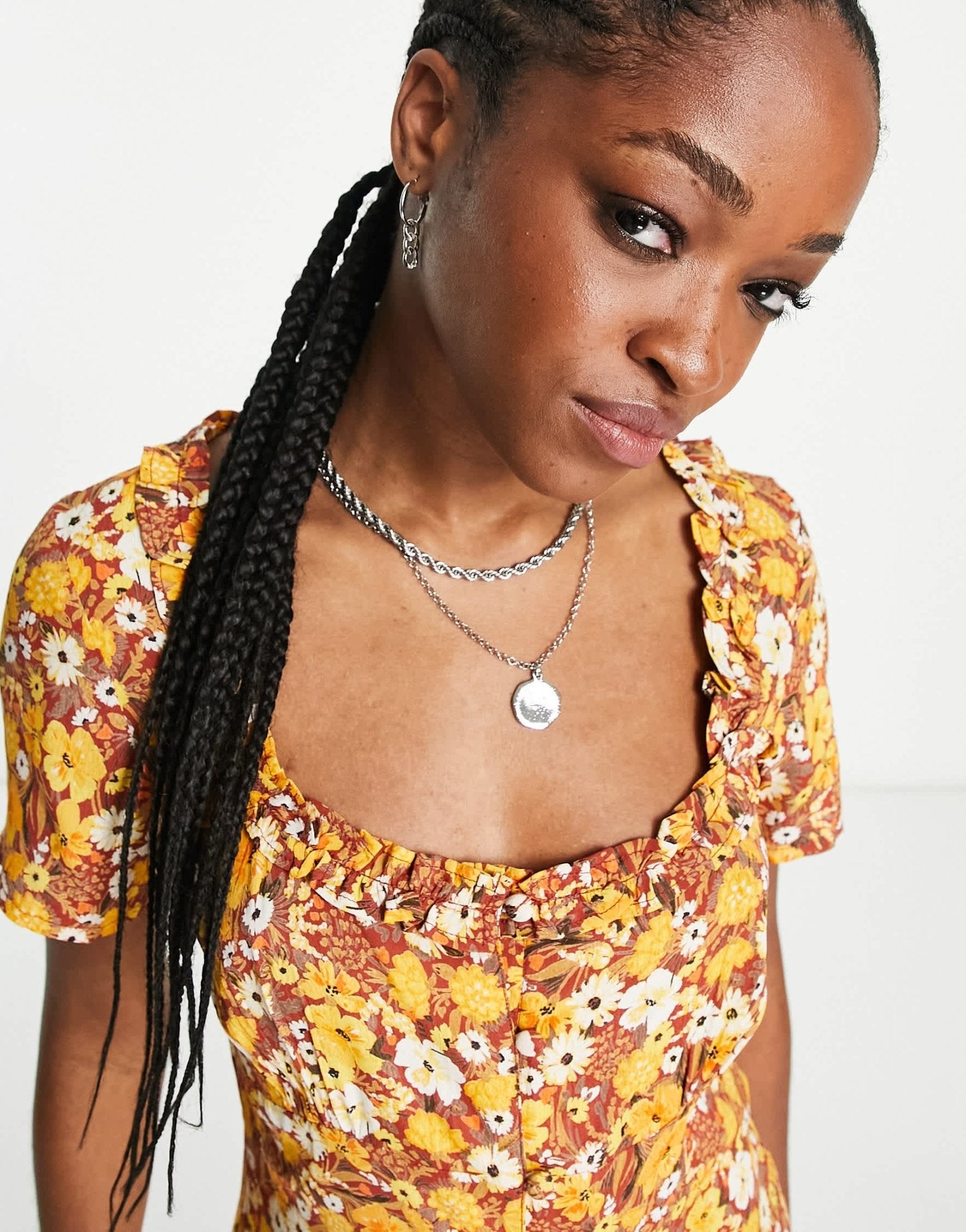 Reclaimed Vintage short sleeve playsuit with ruffle trim in vintage brown floral - ASOS Sample Sale