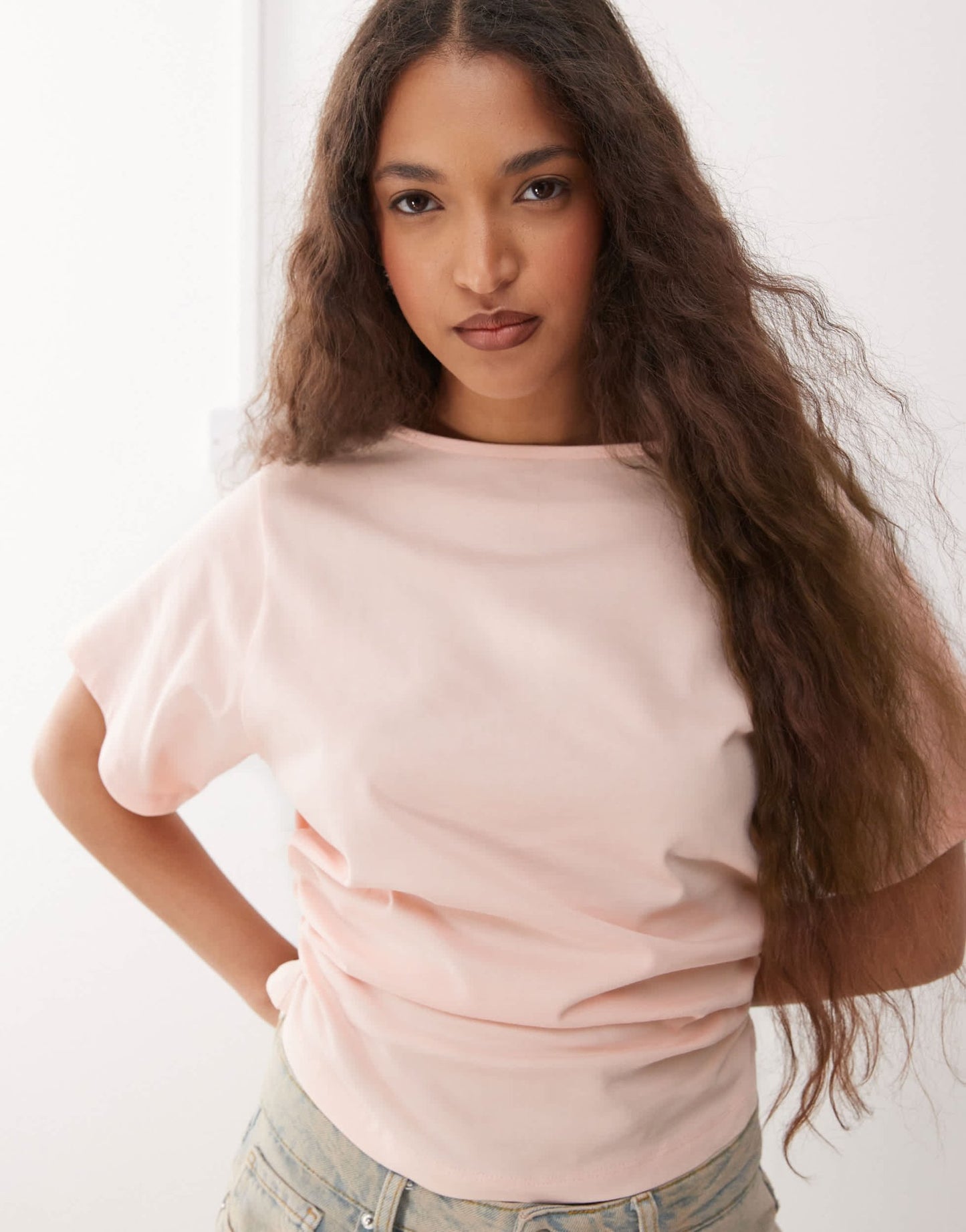 Reclaimed Vintage slash neck cinched waist t-shirt with ruching detail in baby pink - ASOS Sample Sale