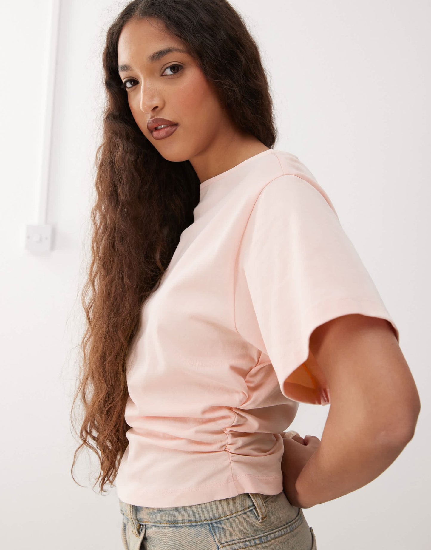 Reclaimed Vintage slash neck cinched waist t-shirt with ruching detail in baby pink - ASOS Sample Sale