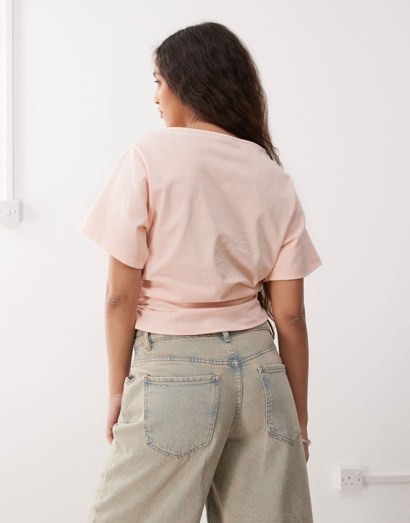 Reclaimed Vintage slash neck cinched waist t-shirt with ruching detail in baby pink - ASOS Sample Sale