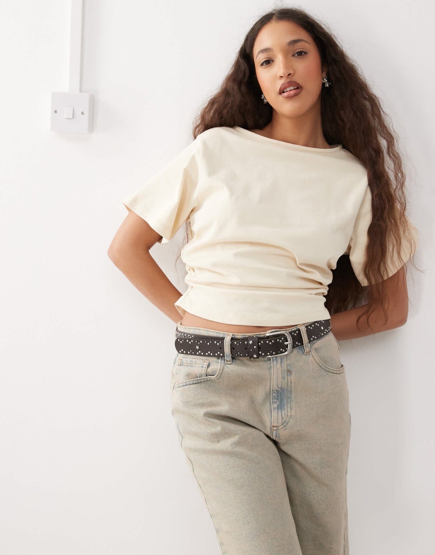 Reclaimed Vintage slash neck cinched waist t-shirt with ruching in butter yellow - ASOS Sample Sale