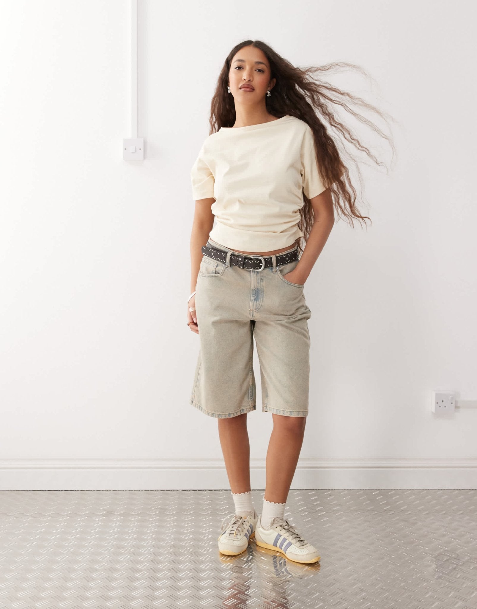 Reclaimed Vintage slash neck cinched waist t-shirt with ruching in butter yellow - ASOS Sample Sale